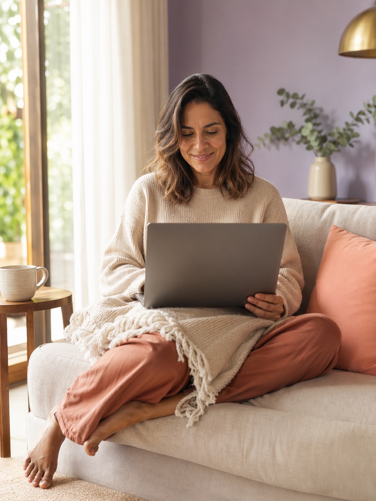 Mulher sorrindo no sofá com notebook aberto durante consulta online
