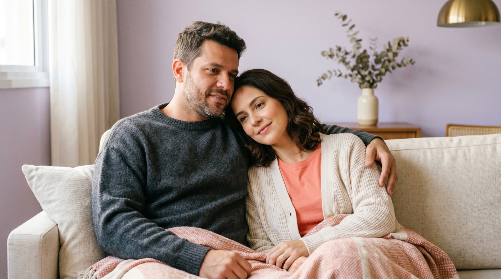 Casal abraçado em um sofá cream com almofada coral, momento de confiança