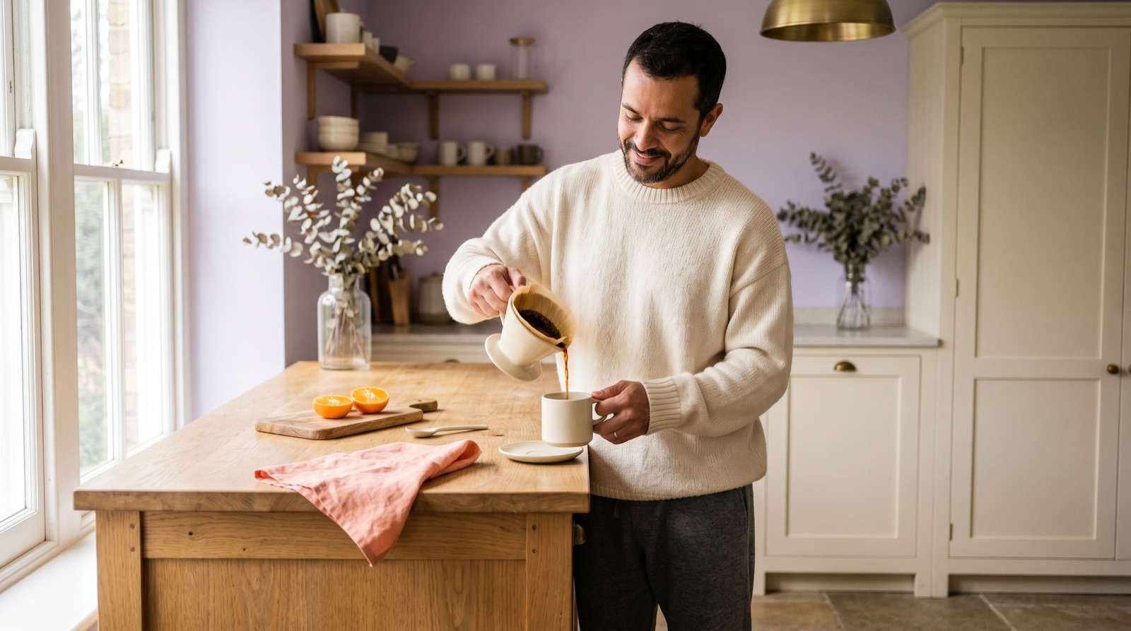 Homem servindo café de pour-over na cozinha com luz natural